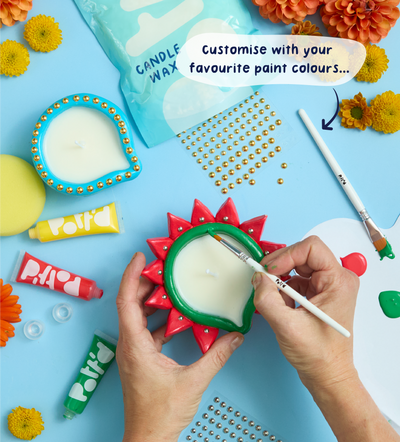 What's in the Diwali Candle & Clay Kit: candle holders, paints, wax and tools